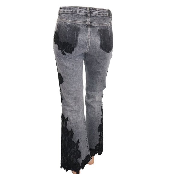 Gray Bootcut Flare Jeans with Black Lace Appliqué Trim 30 - Picture 5 of 10